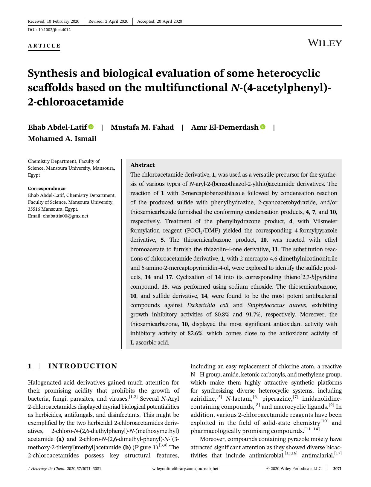 Synthesis and biological evaluation of some heterocyclic scaffolds based on the multifunctional N-(4-acetylphenyl)-2-chloroacetamide by Unknown
