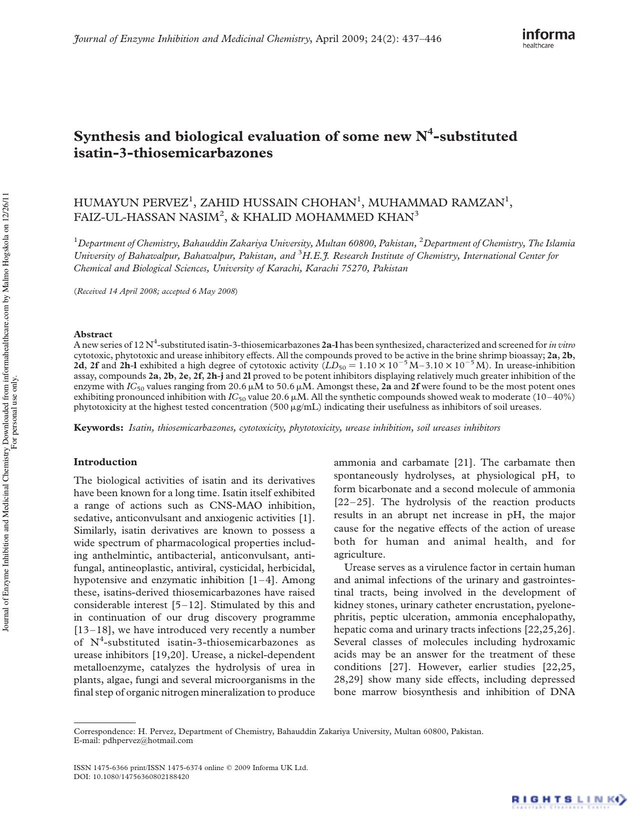 Synthesis and biological evaluation of some new N4-substituted isatin-3-thiosemicarbazones by unknow