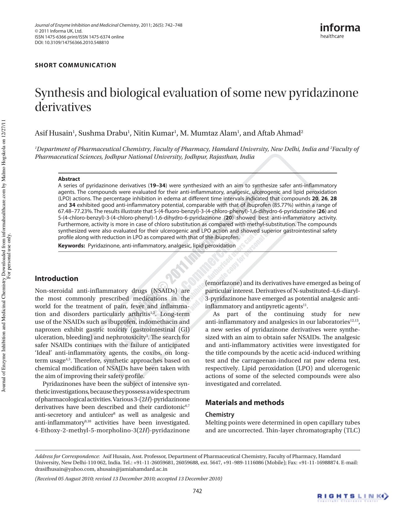 Synthesis and biological evaluation of some new pyridazinone derivatives by unknow