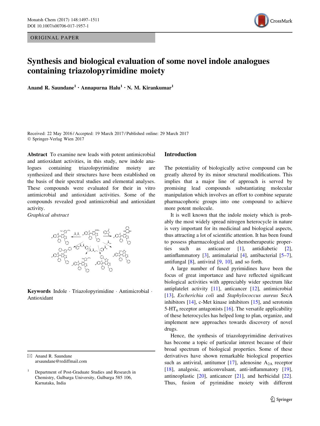 Synthesis and biological evaluation of some novel indole analogues containing triazolopyrimidine moiety by Anand R. Saundane & Annapurna Halu & N. M. Kirankumar