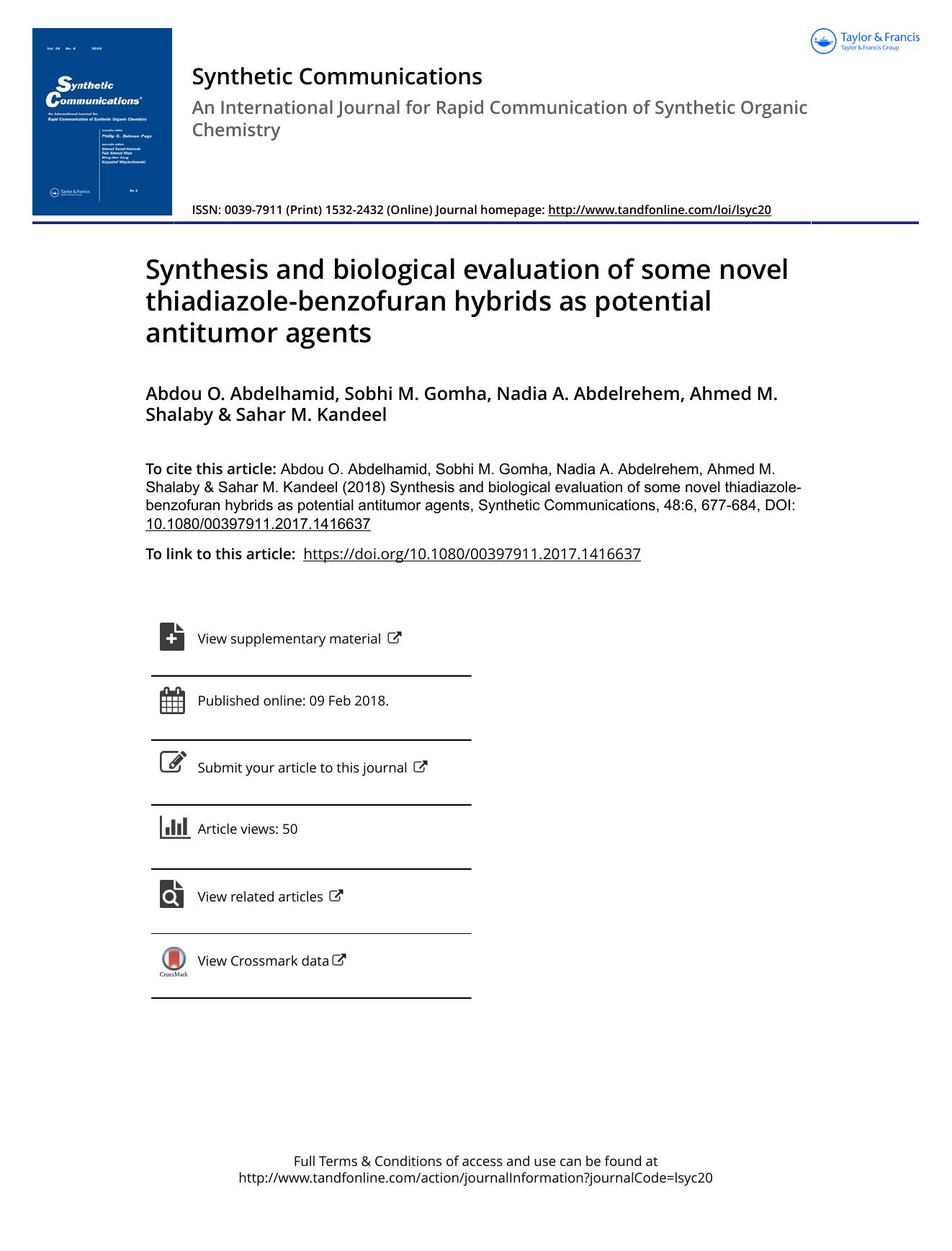 Synthesis and biological evaluation of some novel thiadiazole-benzofuran hybrids as potential antitumor agents by Abdou O. Abdelhamid