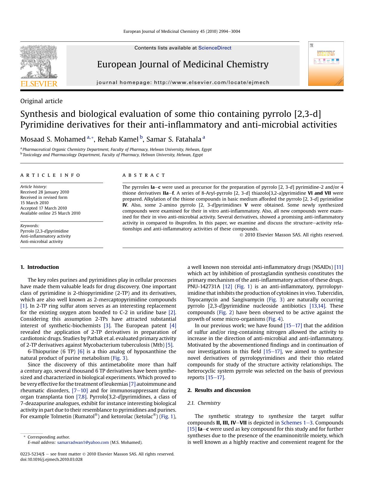 Synthesis and biological evaluation of some thio containing pyrrolo [2,3-d]Pyrimidine derivatives for their anti-inflammatory and anti-microbial activities by Mosaad S. Mohamed; Rehab Kamel; Samar S. Fatahala