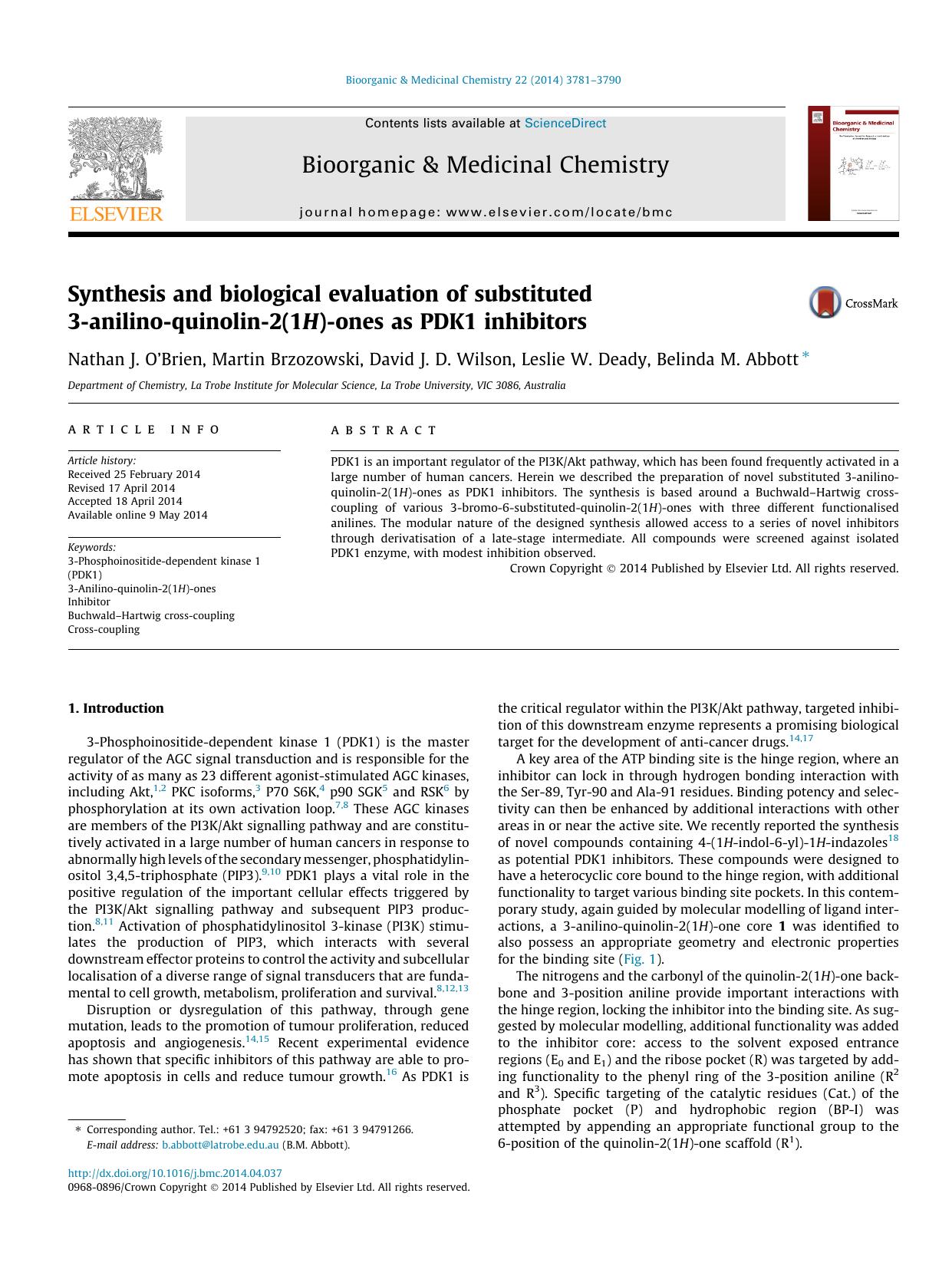 Synthesis and biological evaluation of substituted 3-anilino-quinolin-2(1H)-ones as PDK1 inhibitors by unknow