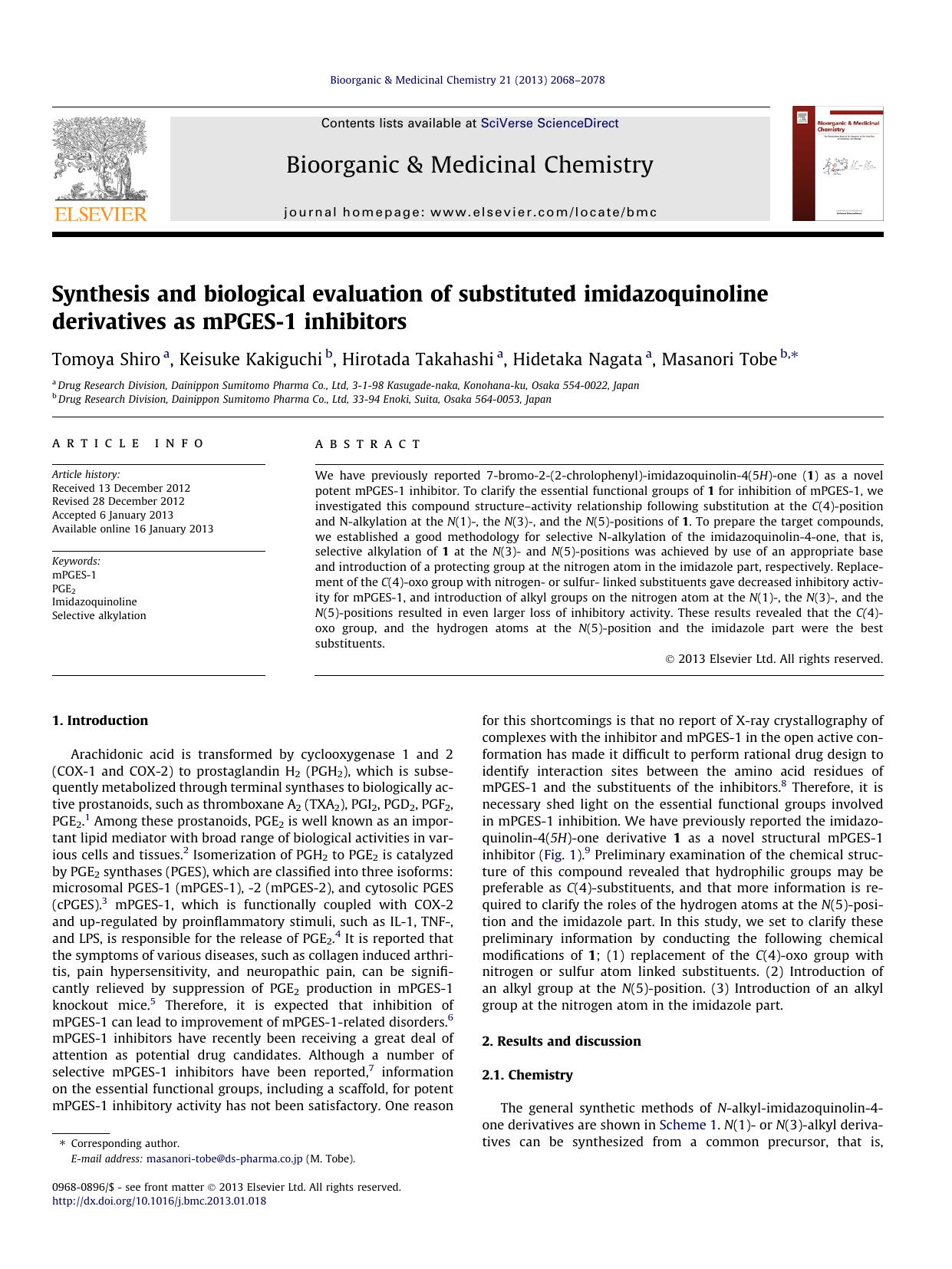 Synthesis and biological evaluation of substituted imidazoquinoline derivatives as mPGES-1 inhibitors by Tomoya Shiro & Keisuke Kakiguchi & Hirotada Takahashi & Hidetaka Nagata & Masanori Tobe