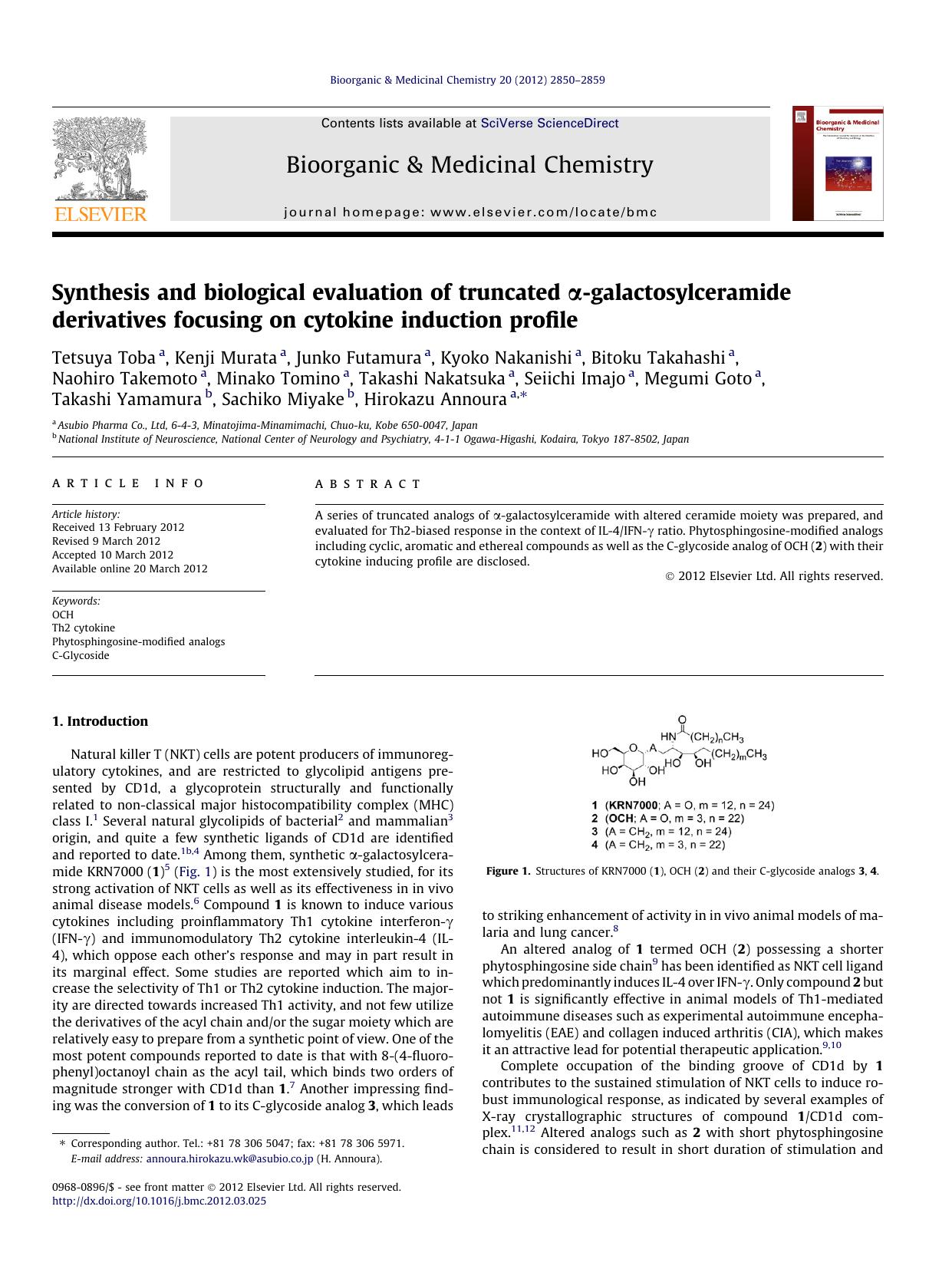 Synthesis and biological evaluation of truncated ÃÂ±-galactosylceramide derivatives focusing on cytokine induction profile by unknow