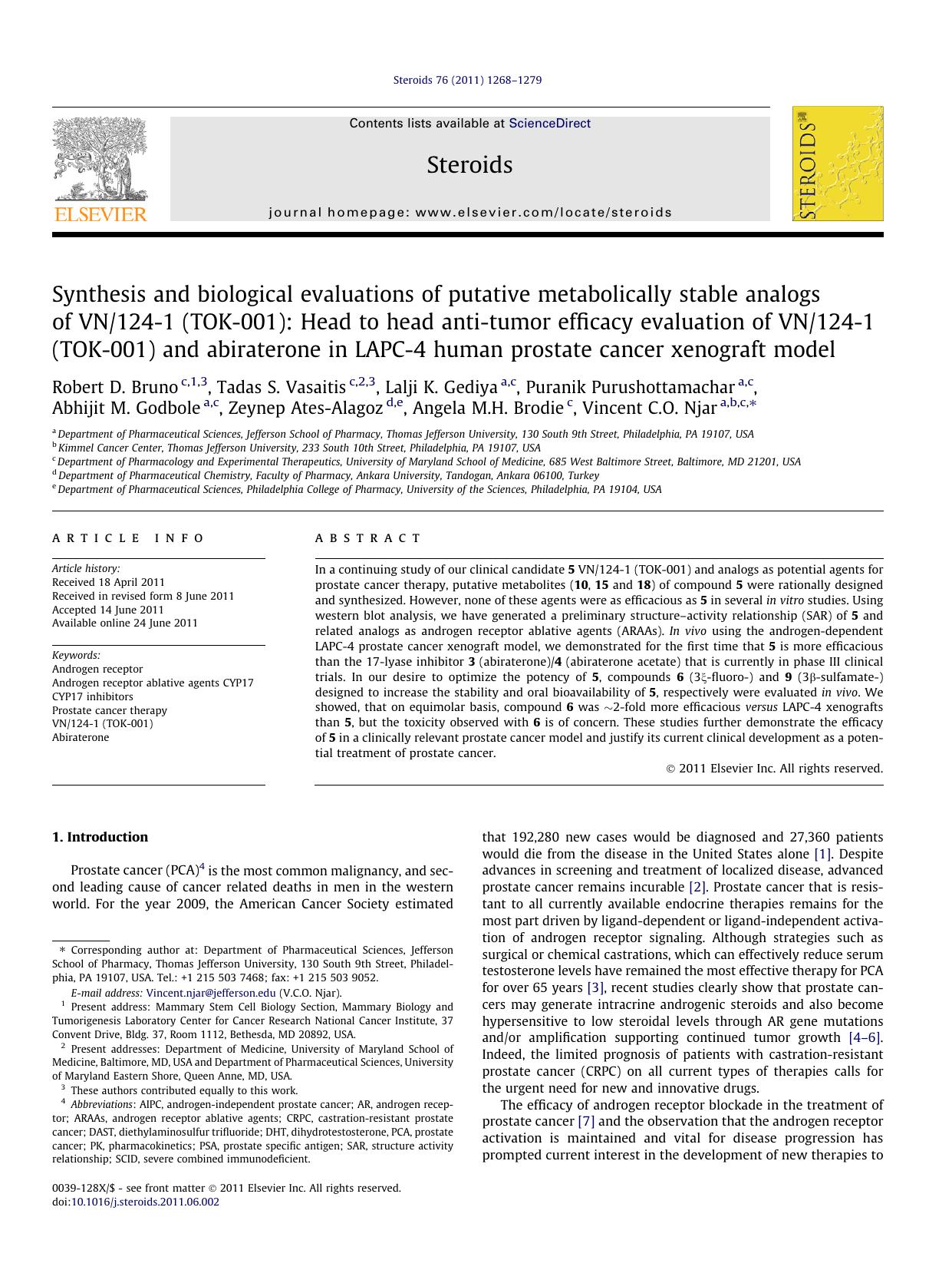 Synthesis and biological evaluations of putative metabolically stable analogs of VN124-1 (TOK-001): Head to head anti-tumor efficacy evaluation of VN124-1 (TOK-001) and abiraterone by unknow