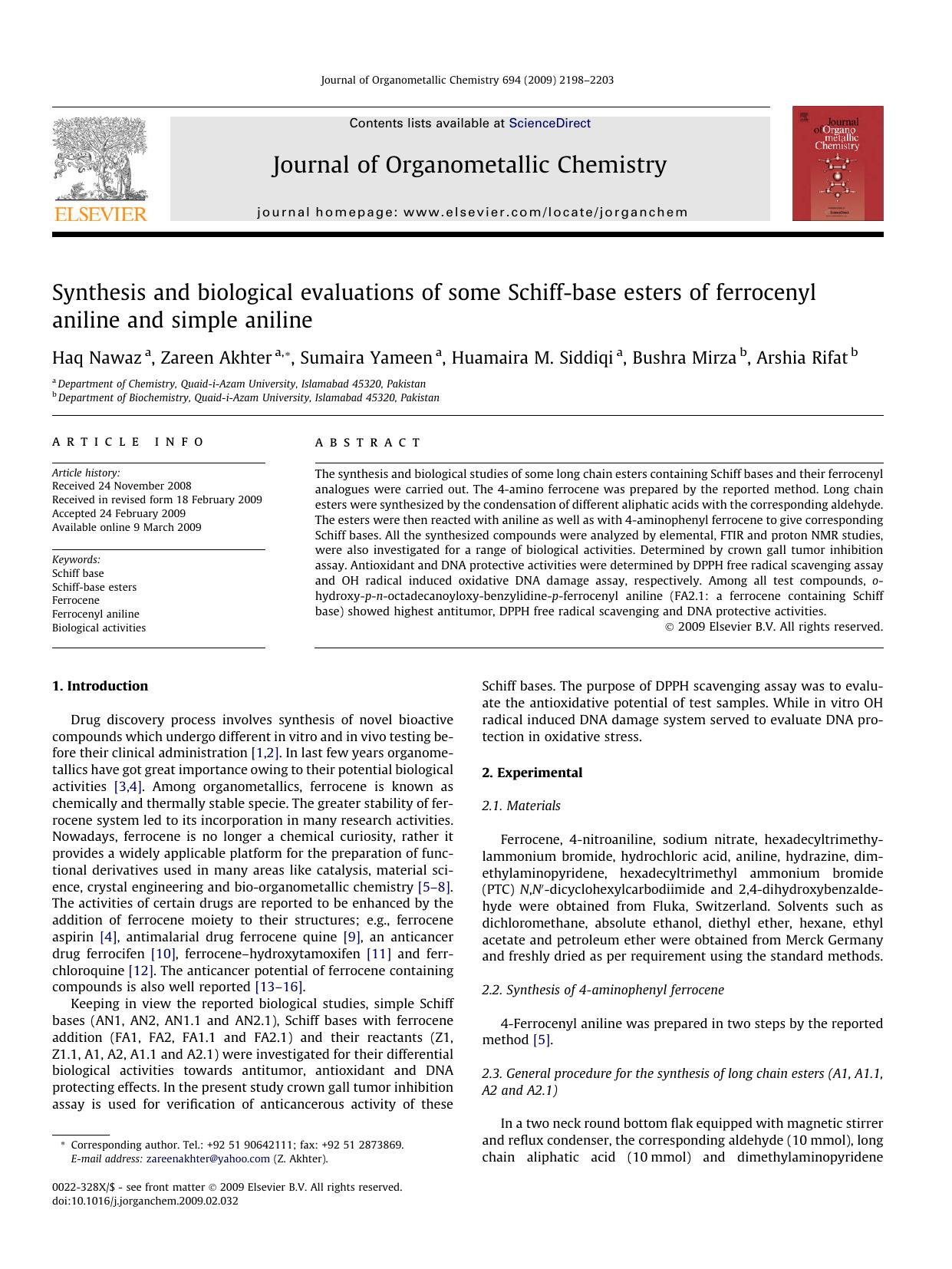 Synthesis and biological evaluations of some Schiff-base esters of ferrocenyl aniline and simple aniline by Haq Nawaz; Zareen Akhter; Sumaira Yameen; Huamaira M. Siddiqi; Bushra Mirza; Arshia Rifat