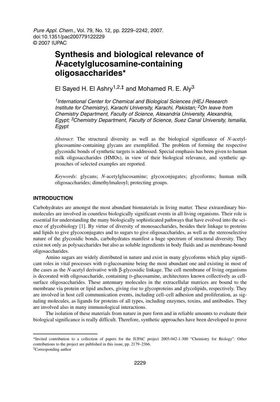 Synthesis and biological relevance of N-acetylglucosamine-containing oligosaccharides by El Sayed H. El Ashry & Mohamed R. E. Aly