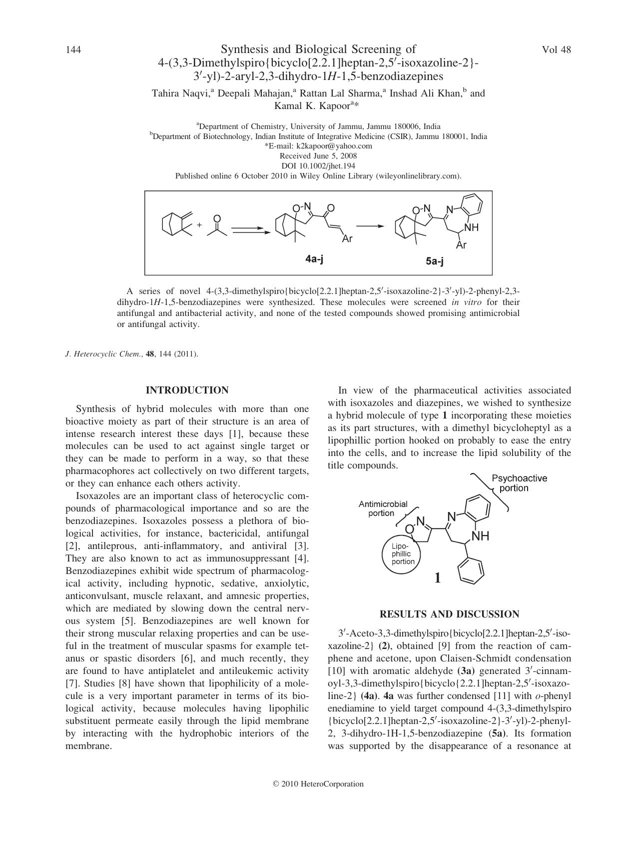Synthesis and biological screening of 4(3,3dimethylspiro{bicyclo[2.2.1]heptan2,5isoxazoline2} 3yl)2aryl2,3dihydro1H1,5benzodiazepines by Unknown