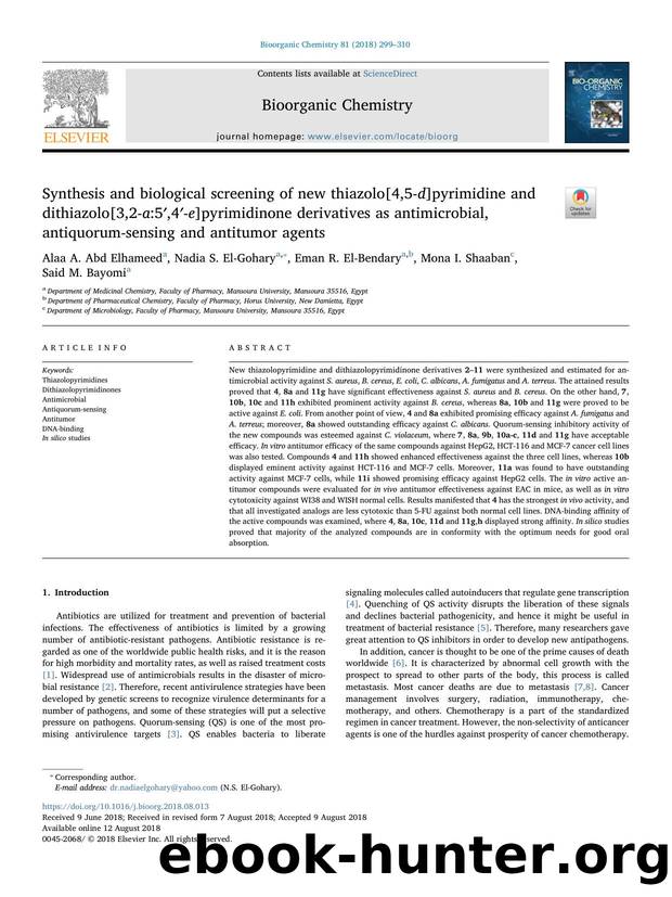 Synthesis and biological screening of new thiazolo[4,5-d]pyrimidine and dithiazolo[3,2-a_5â²,4â²-e]pyrimidinone derivatives as antimicrobial, antiquorum-sensing and antitumor agents by Alaa A. Abd Elhameed & Nadia S. El-Gohary & Eman R. El-Bendary & Mona I. Shaaban & Said M. Bayomi