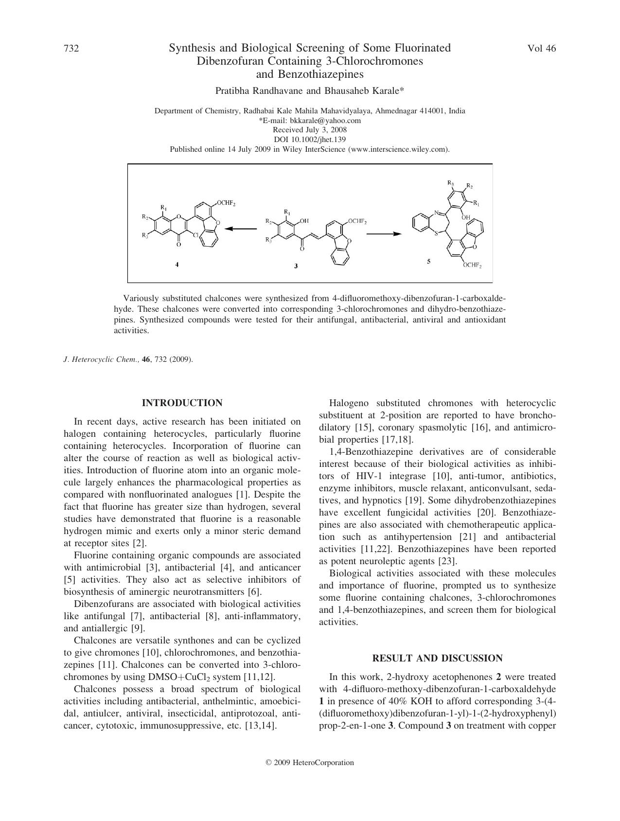 Synthesis and biological screening of some fluorinated dibenzofuran containing 3-chlorochromones and benzothiazepines by Unknown