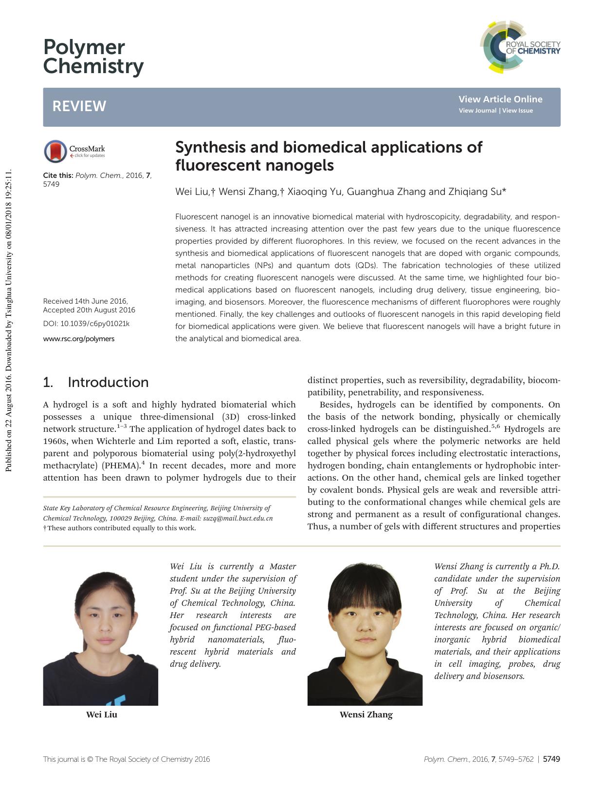Synthesis and biomedical applications of fluorescent nanogels by Wei Liu Wensi Zhang Xiaoqing Yu Guanghua Zhang Zhiqiang Su
