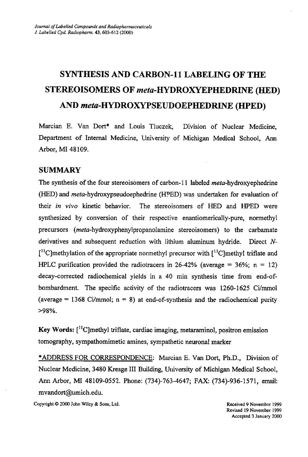Synthesis and carbon-11 labeling of the stereoisomers of meta-hydroxyephedrine (HED) and meta-hydroxypseudoephedrine (HPED) by Unknown