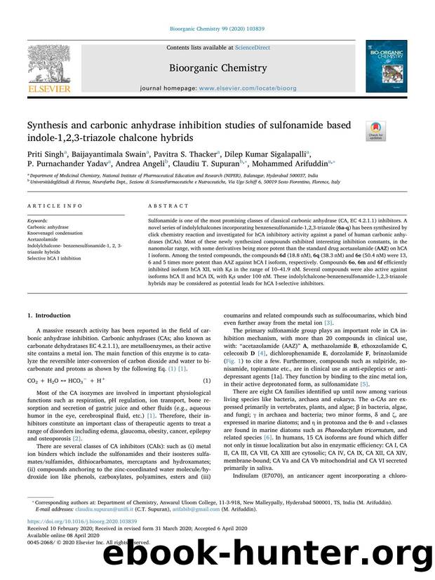 Synthesis and carbonic anhydrase inhibition studies of sulfonamide based indole-1,2,3-triazole chalcone hybrids by Priti Singh