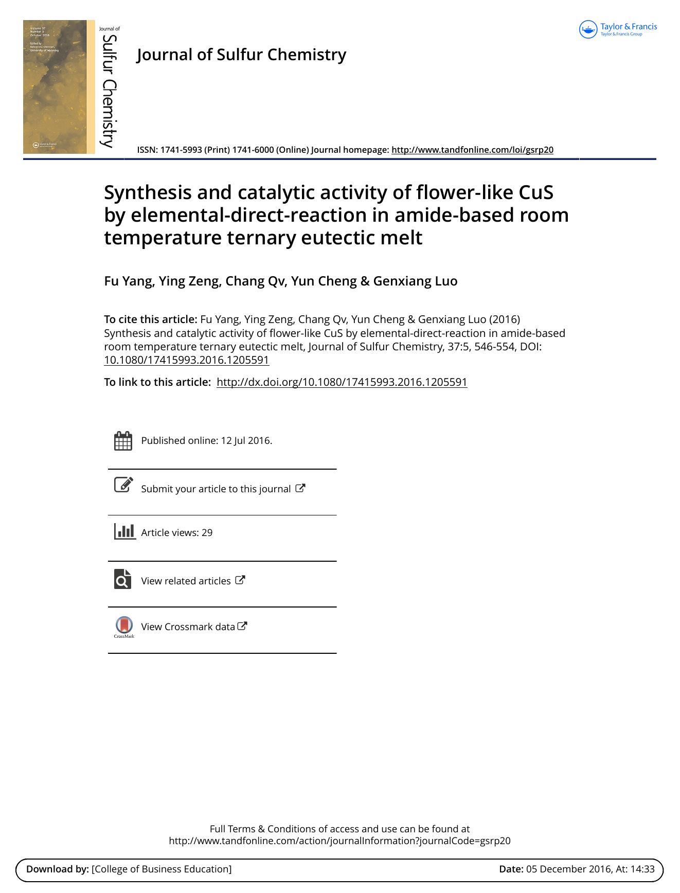 Synthesis and catalytic activity of flower-like CuS by elemental-direct-reaction in amide-based room temperature ternary eutectic melt by Fu Yang; Ying Zeng; Chang Qv; Yun Cheng; Genxiang Luo