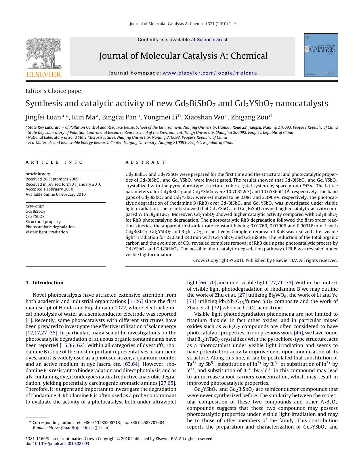 Synthesis and catalytic activity of new Gd2BiSbO7 and Gd2YSbO7 nanocatalysts by Jingfei Luan; Kun Ma; Bingcai Pan; Yongmei Li; Xiaoshan Wu; Zhigang Zou