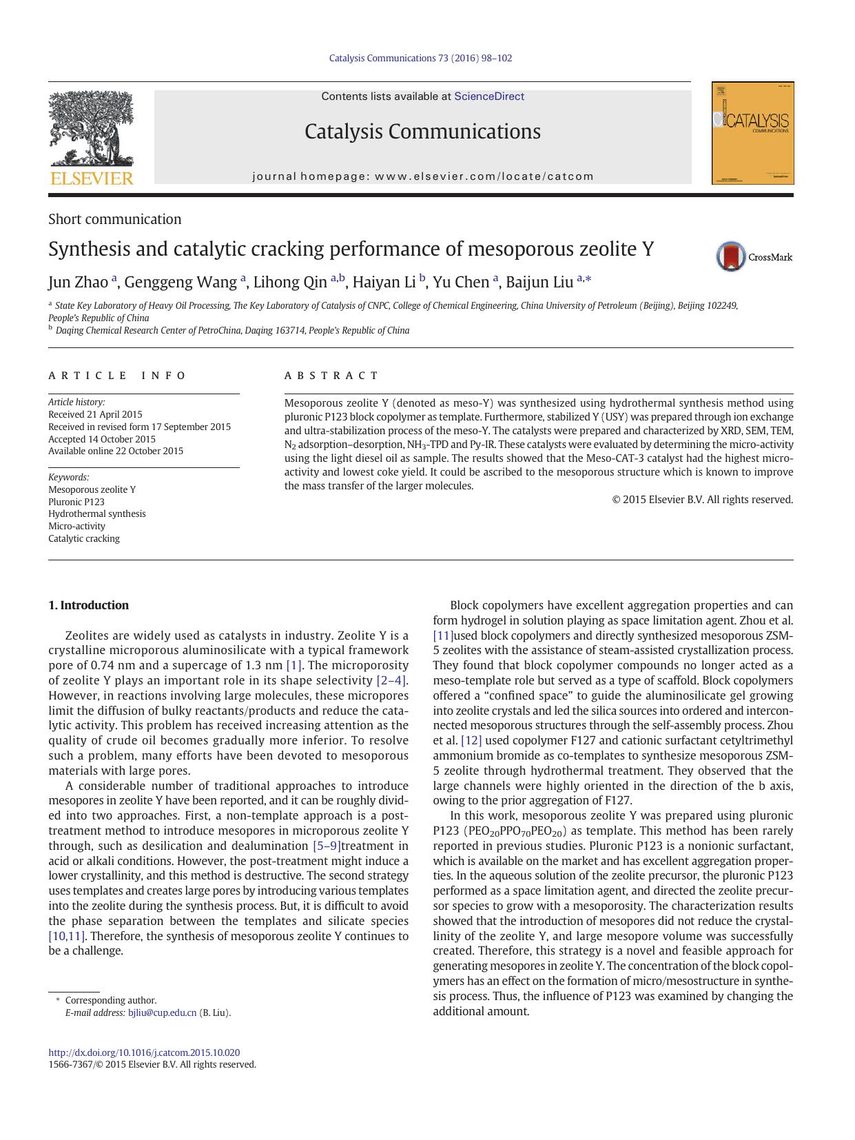 Synthesis and catalytic cracking performance of mesoporous zeolite Y by Jun Zhao & Genggeng Wang & Lihong Qin & Haiyan Li & Yu Chen & Baijun Liu