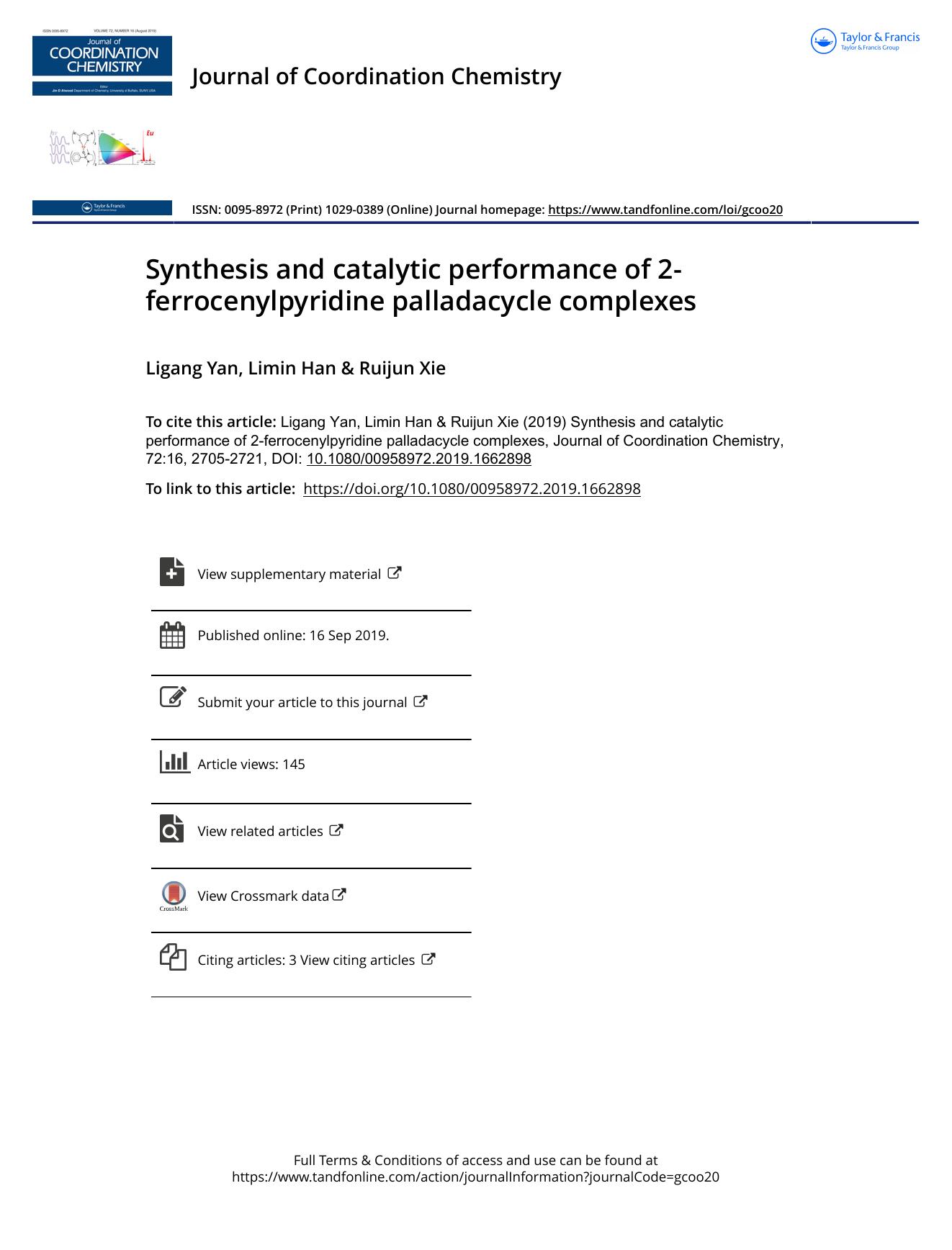 Synthesis and catalytic performance of 2-ferrocenylpyridine palladacycle complexes by Yan Ligang & Han Limin & Xie Ruijun