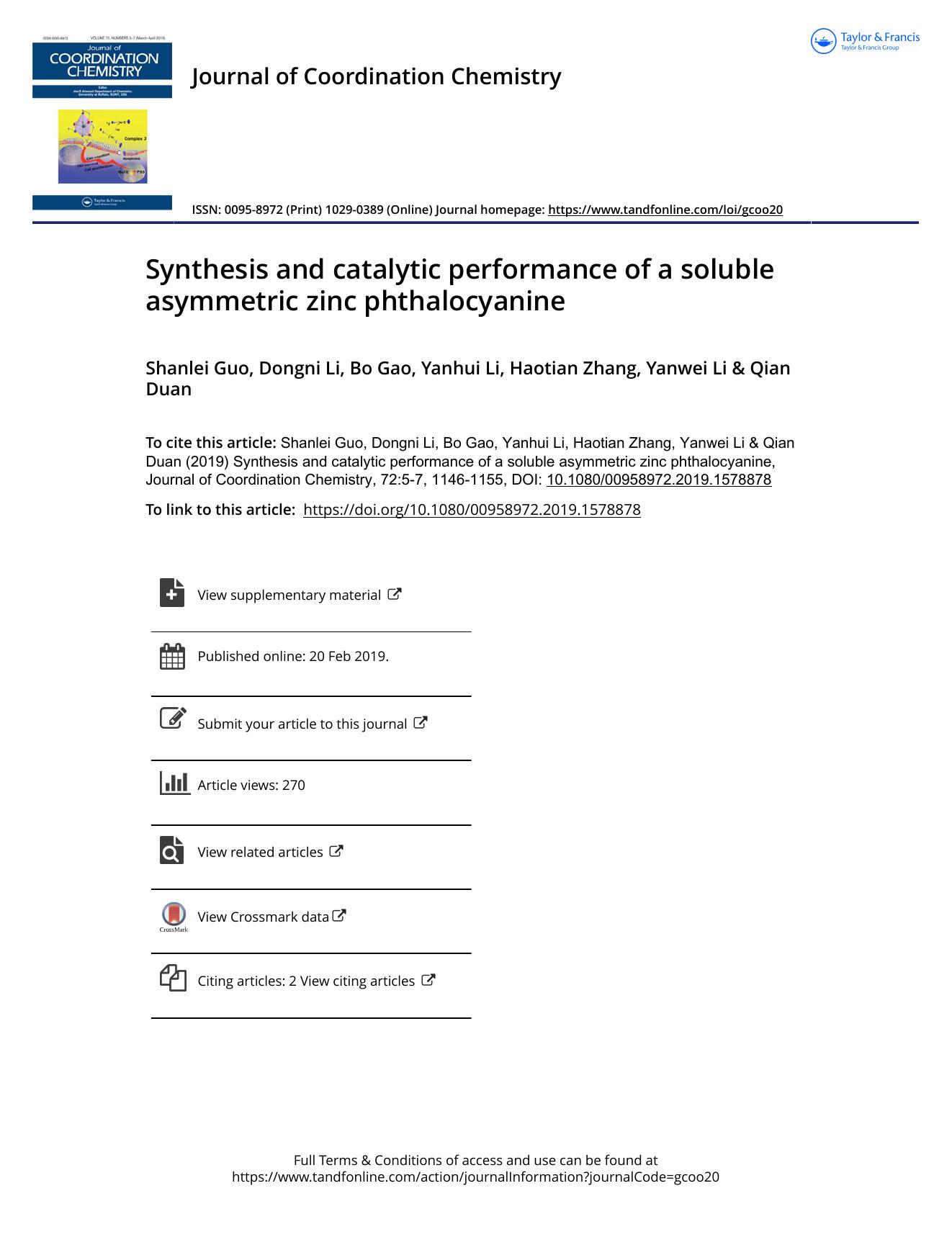 Synthesis and catalytic performance of a soluble asymmetric zinc phthalocyanine by Guo Shanlei & Li Dongni & Gao Bo & Li Yanhui & Zhang Haotian & Li Yanwei & Duan Qian