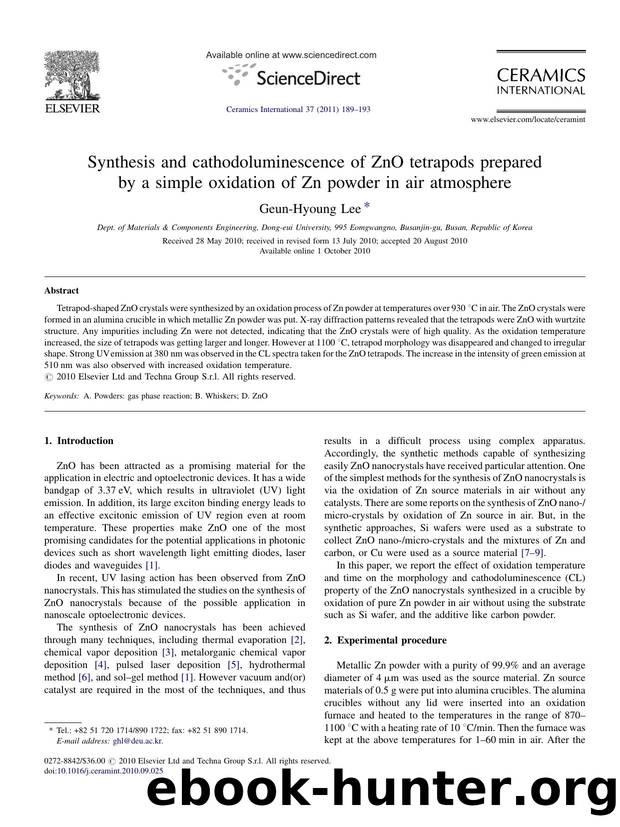 Synthesis and cathodoluminescence of ZnO tetrapods prepared by a simple oxidation of Zn powder in air atmosphere by Geun-Hyoung Lee