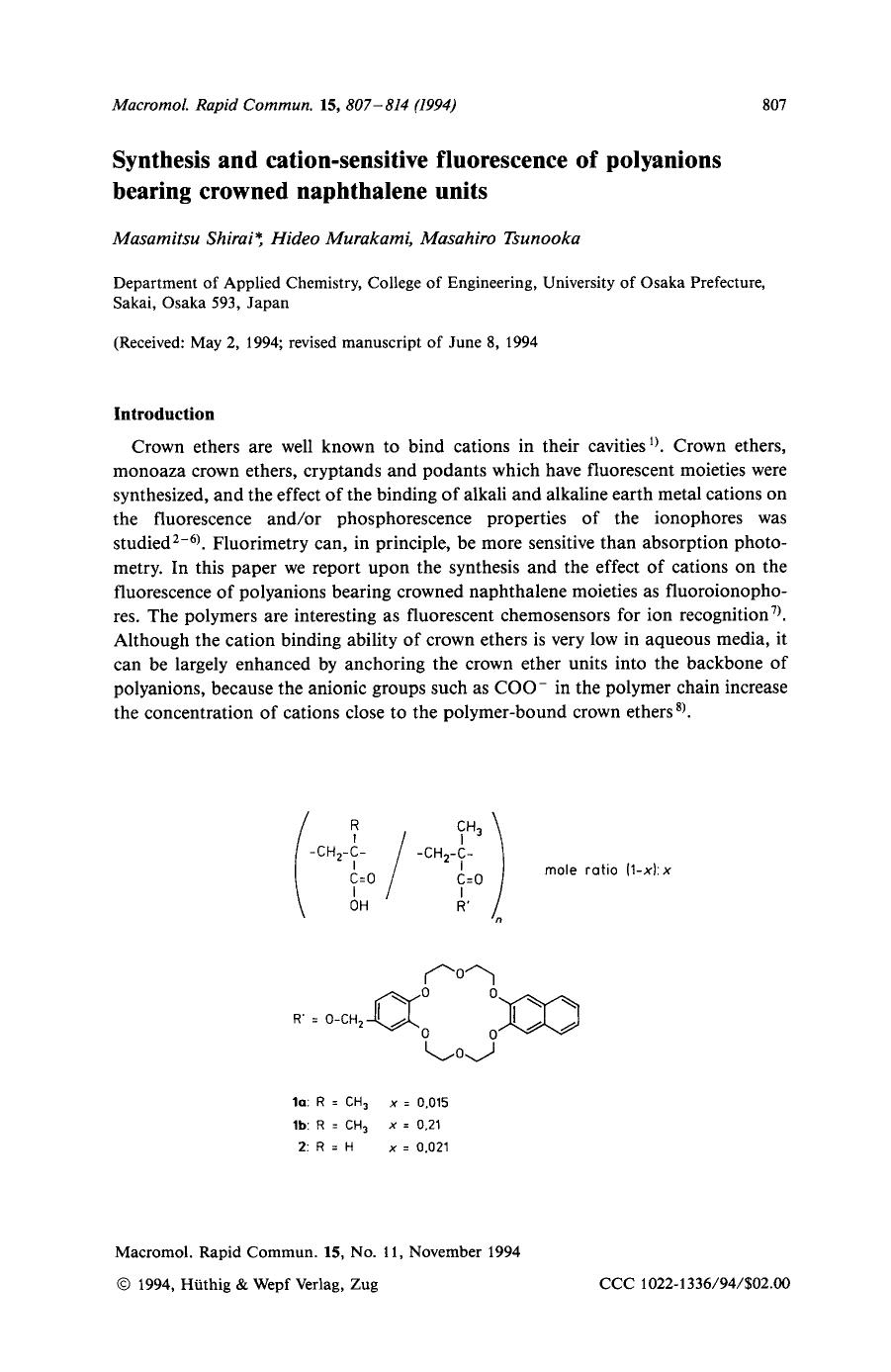 Synthesis and cation-sensitive fluorescence of polyanions bearing crowned naphthalene units by Unknown