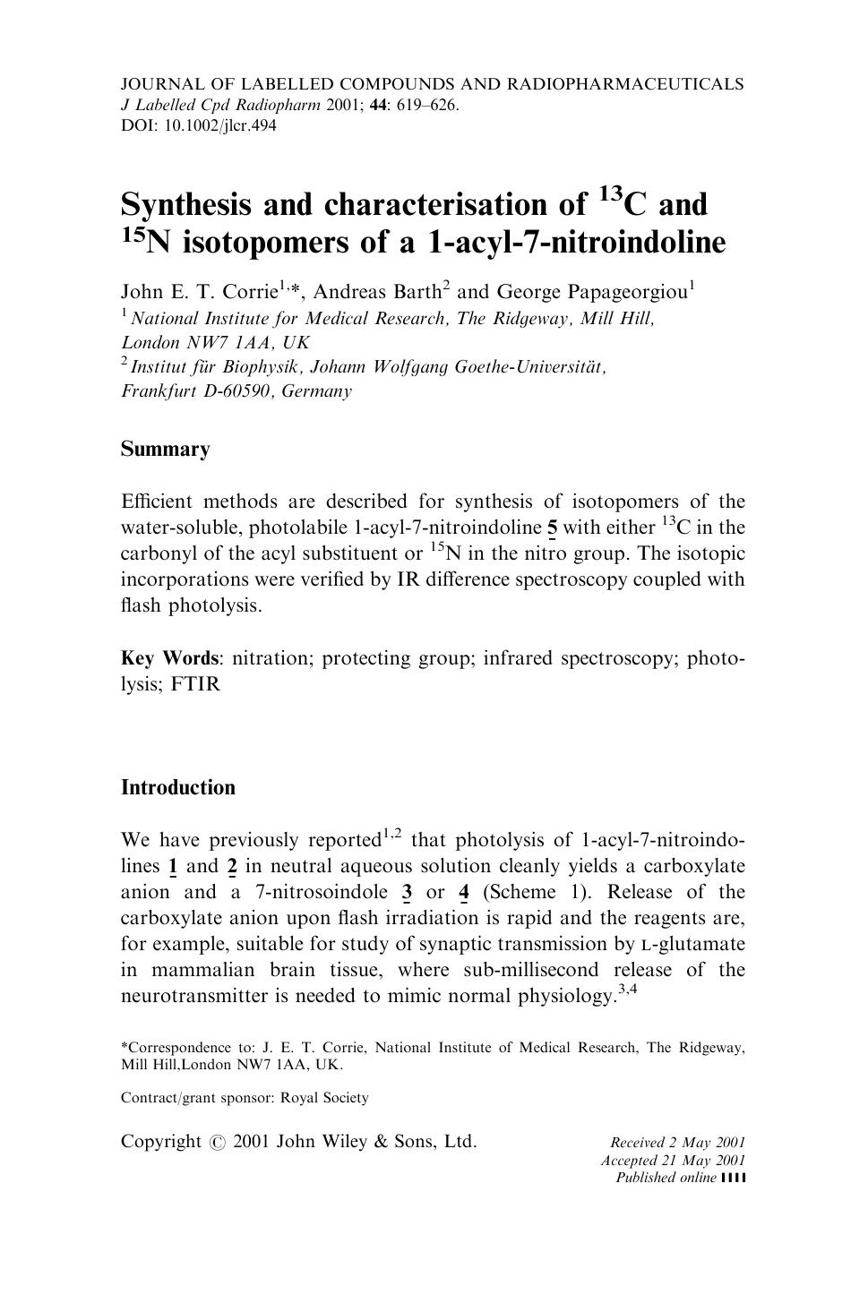 Synthesis and characterisation of 13C and 15N isotopomers of a 1-acyl-7-nitroindoline by Unknown