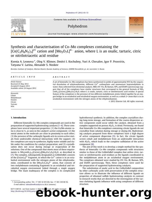 Synthesis and characterisation of CoÃ¢â¬âMo complexes containing the [Co(C2H8N2)3]2+ cation and [Mo2O7L]4Ã¢Ëâ anion, where L is an oxalic, tartaric, citric or nitrilotriacetic acid residue by unknow
