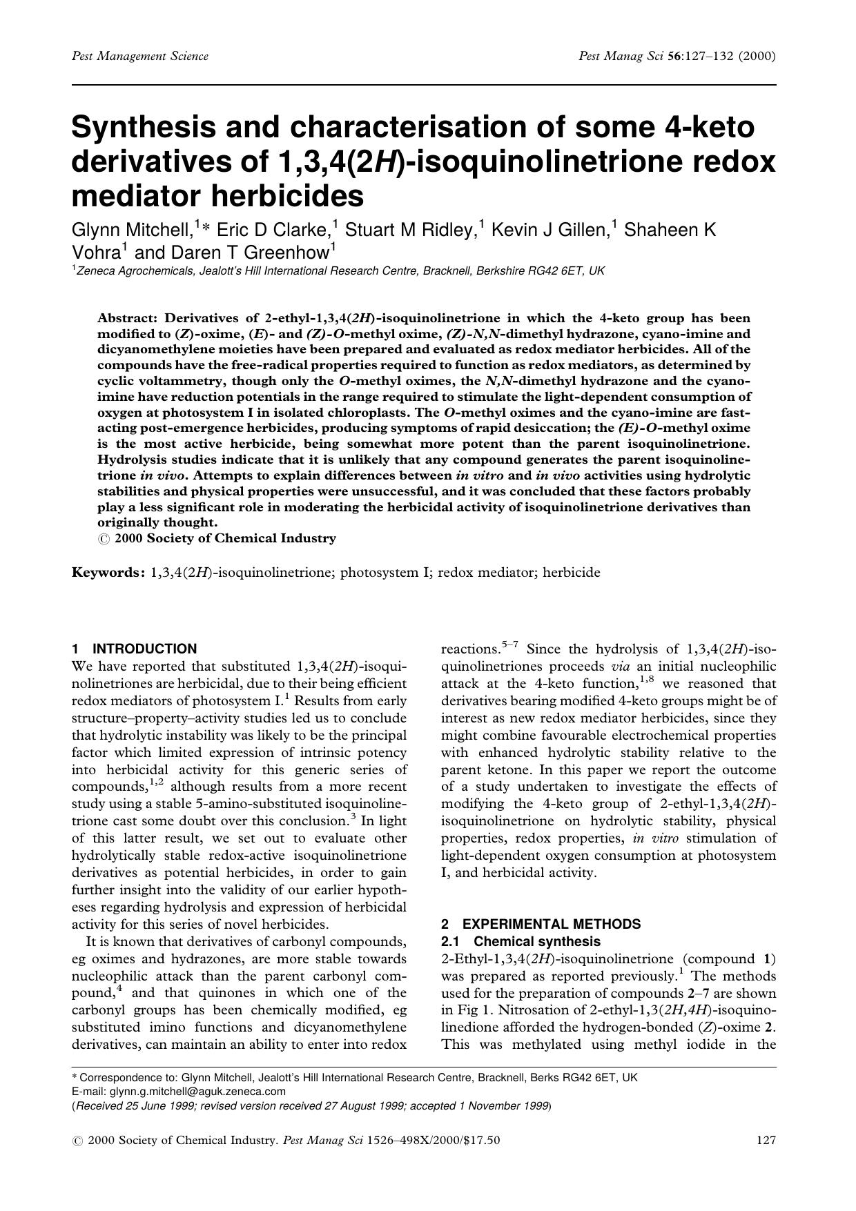 Synthesis and characterisation of some 4-keto derivatives of 1,3,4(2H)-isoquinolinetrione redox mediator herbicides by Unknown