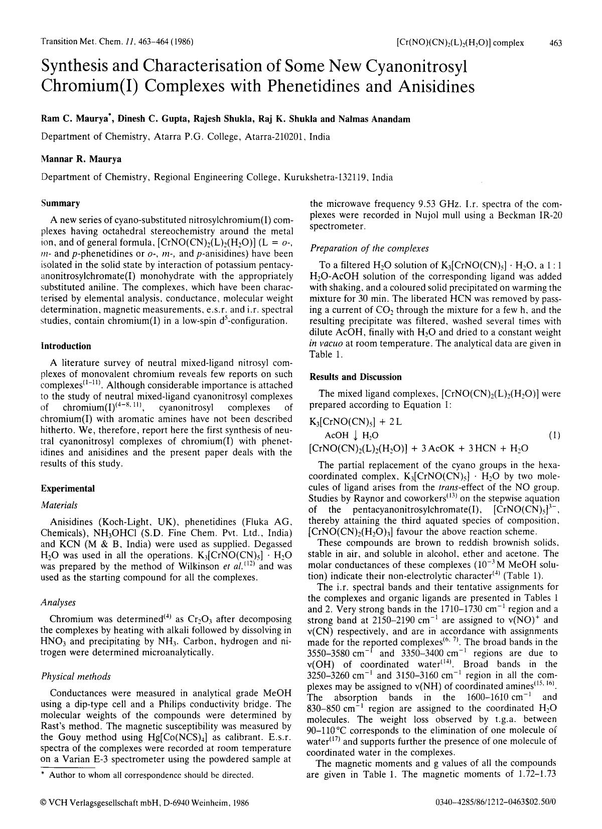 Synthesis and characterisation of some new cyanonitrosyl chromium(l) complexes with phenetidines and anisidines by Unknown
