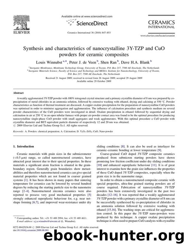 Synthesis and characteristics of nanocrystalline 3Y-TZP and CuO powders for ceramic composites by Louis Winnubst; Peter J. de Veen; Shen Ran; Dave H.A. Blank