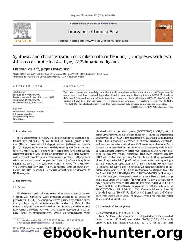 Synthesis and characterization of Î²-diketonato ruthenium(II) complexes with two 4-bromo or protected 4-ethynyl-2,2â²-bipyridine ligands by Christine Viala; Jacques Bonvoisin