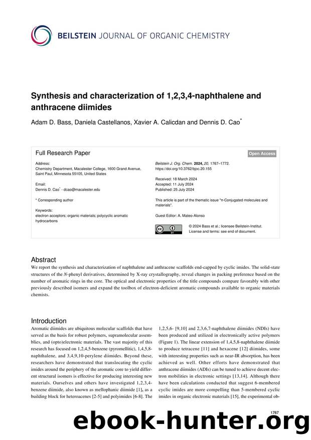 Synthesis and characterization of 1,2,3,4-naphthalene and anthracene diimides by Adam D. Bass Daniela Castellanos Xavier A. Calicdan Dennis D. Cao