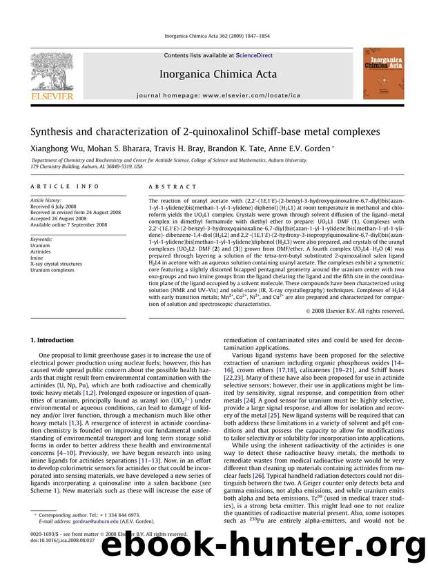 Synthesis and characterization of 2-quinoxalinol Schiff-base metal complexes by Xianghong Wu; Mohan S. Bharara; Travis H. Bray; Brandon K. Tate; Anne E.V. Gorden