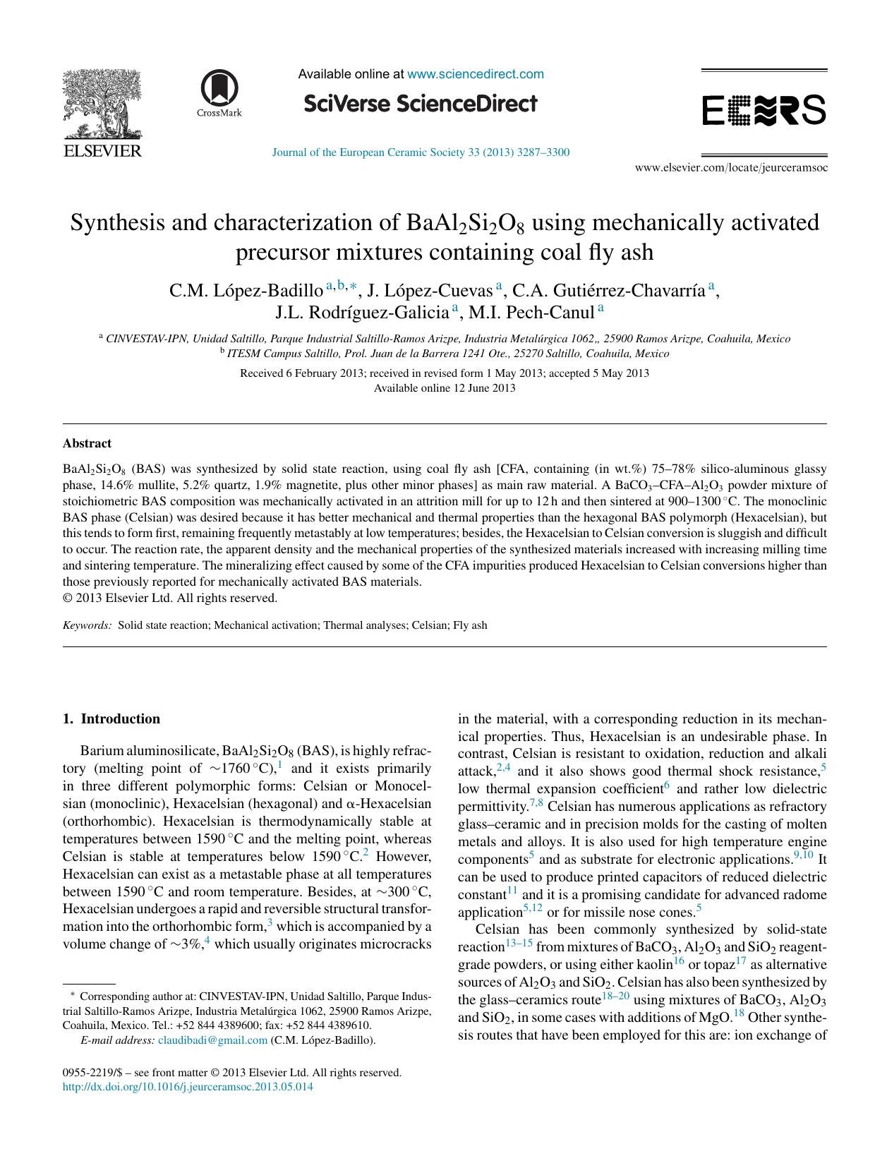 Synthesis and characterization of BaAl2Si2O8 using mechanically activated precursor mixtures containing coal fly ash by C.M. López-Badillo