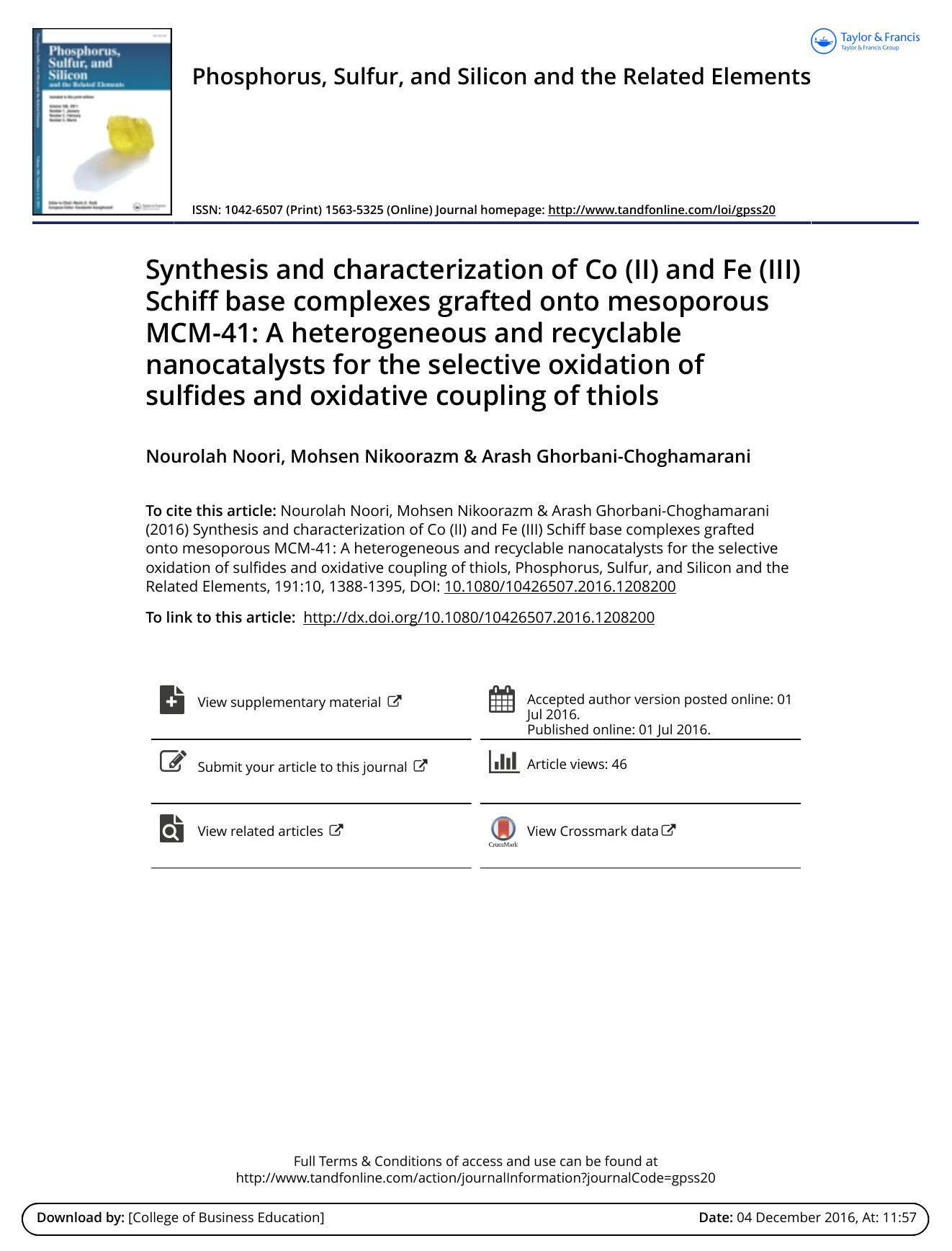 Synthesis and characterization of Co (II) and Fe (III) Schiff base complexes grafted onto mesoporous MCM-41: A heterogeneous and recyclable nanocatalysts for the selective oxidatio by Nourolah Noori & Mohsen Nikoorazm & Arash Ghorbani-Choghamarani