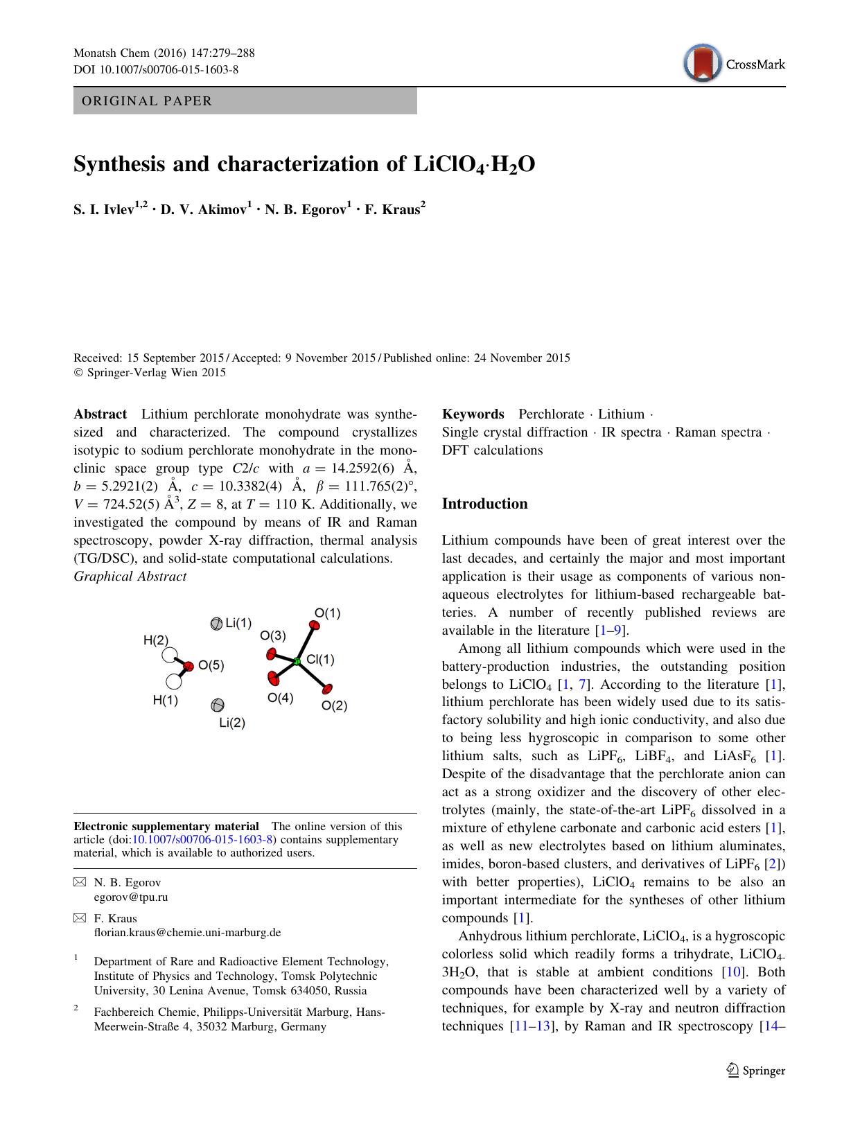 Synthesis and characterization of LiClO4Â·H2O by S. I. Ivlev & D. V. Akimov & N. B. Egorov & F. Kraus