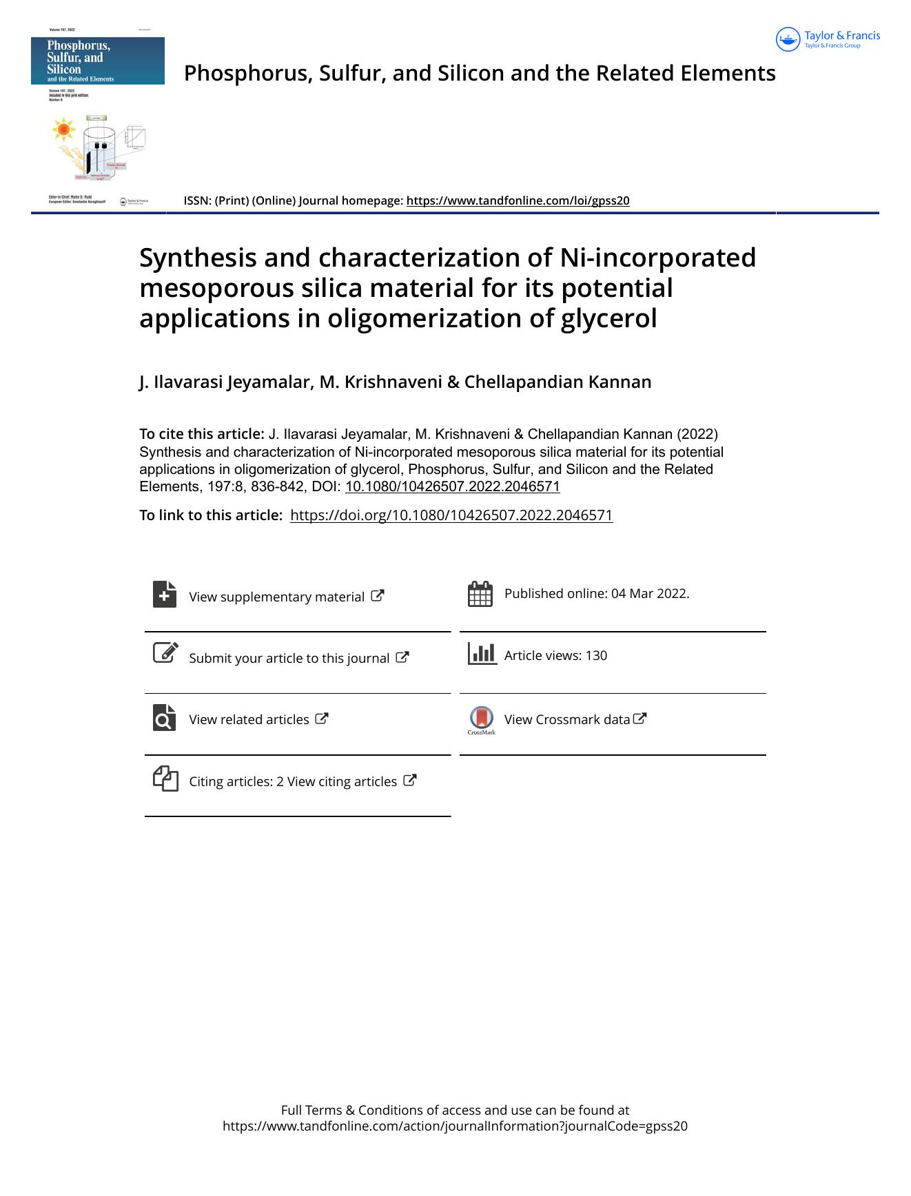 Synthesis and characterization of Ni-incorporated mesoporous silica material for its potential applications in oligomerization of glycerol by Ilavarasi Jeyamalar J. & Krishnaveni M. & Kannan Chellapandian