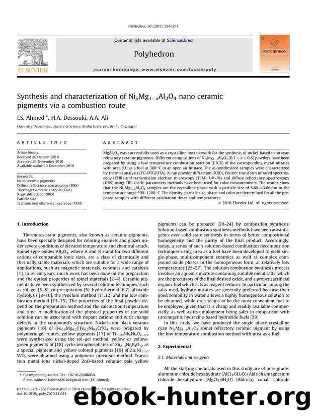 Synthesis and characterization of NixMg1Ã¢ËâxAl2O4 nano ceramic pigments via a combustion route by I.S. Ahmed & H.A. Dessouki & A.A. Ali