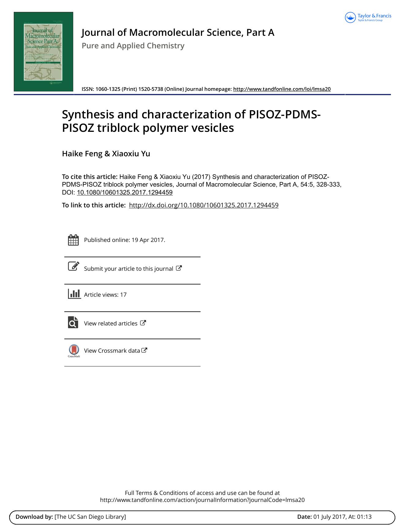 Synthesis and characterization of PISOZ-PDMS-PISOZ triblock polymer vesicles by Haike Feng & Xiaoxiu Yu