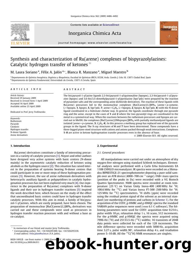 Synthesis and characterization of Ru(arene) complexes of bispyrazolylazines: Catalytic hydrogen transfer of ketones by M. Laura Soriano; Félix A. Jalón; Blanca R. Manzano; Miguel Maestro