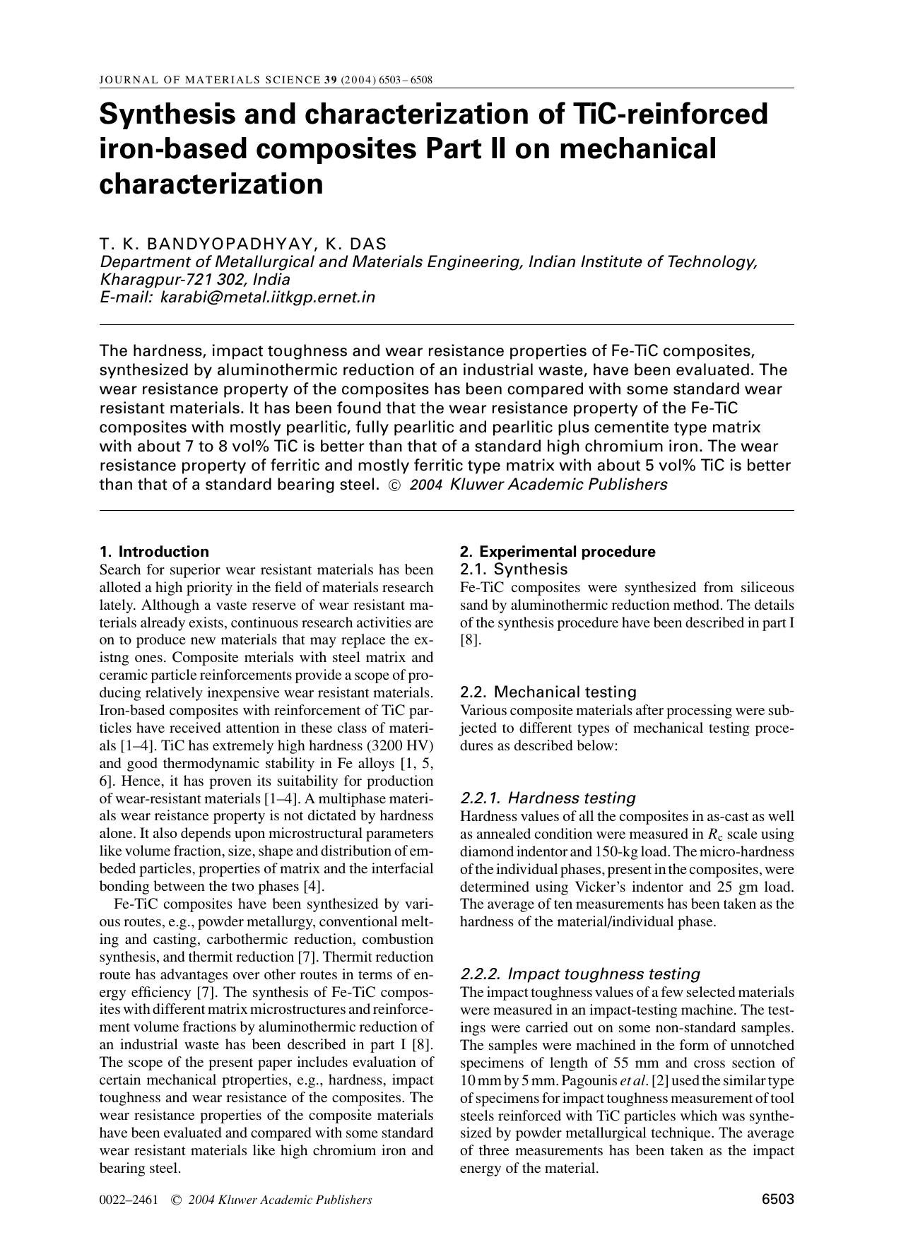 Synthesis and characterization of TiC-reinforced iron-based composites Part II on mechanical characterization by Unknown