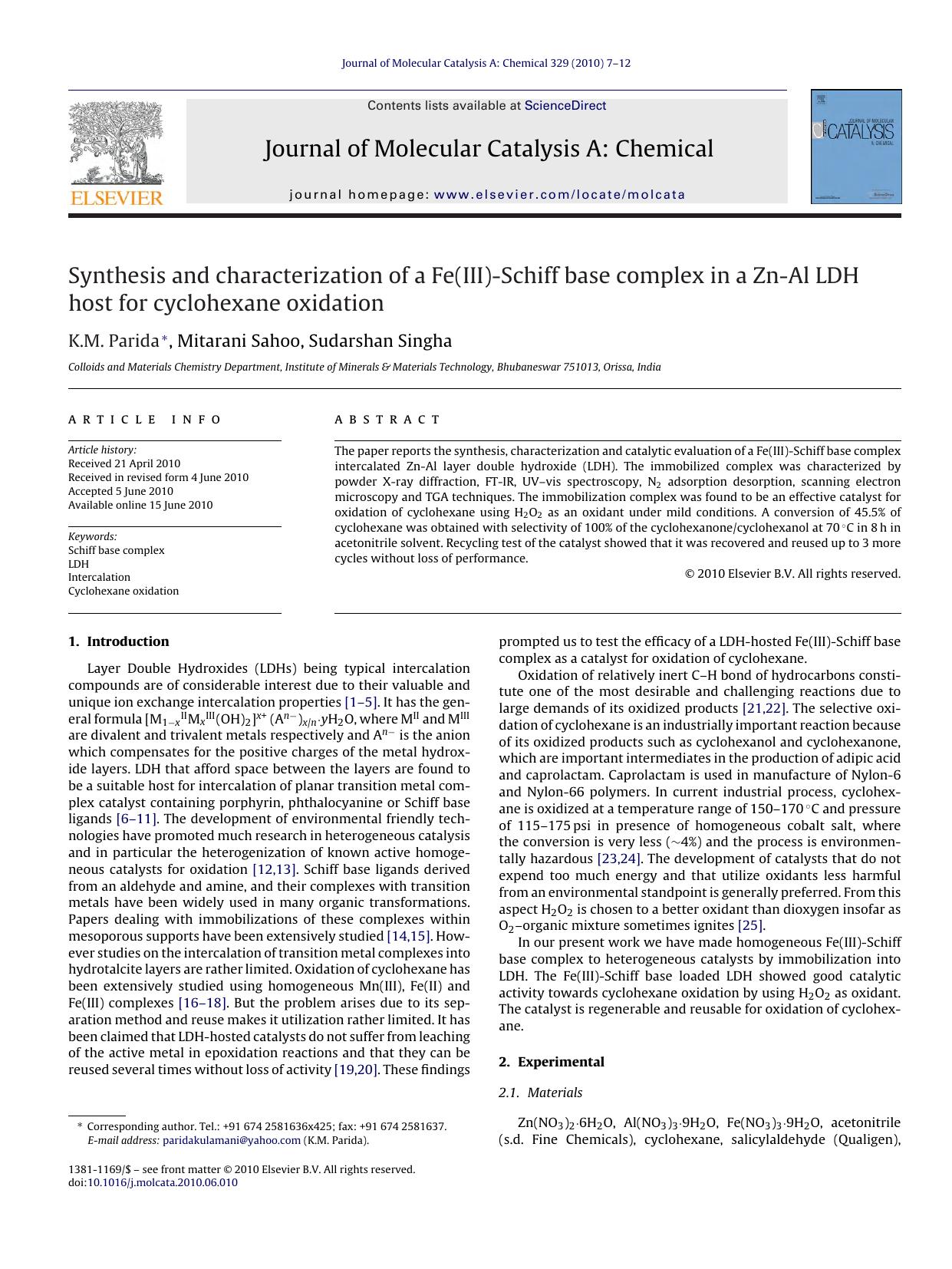 Synthesis and characterization of a Fe(III)-Schiff base complex in a Zn-Al LDH host for cyclohexane oxidation by K.M. Parida