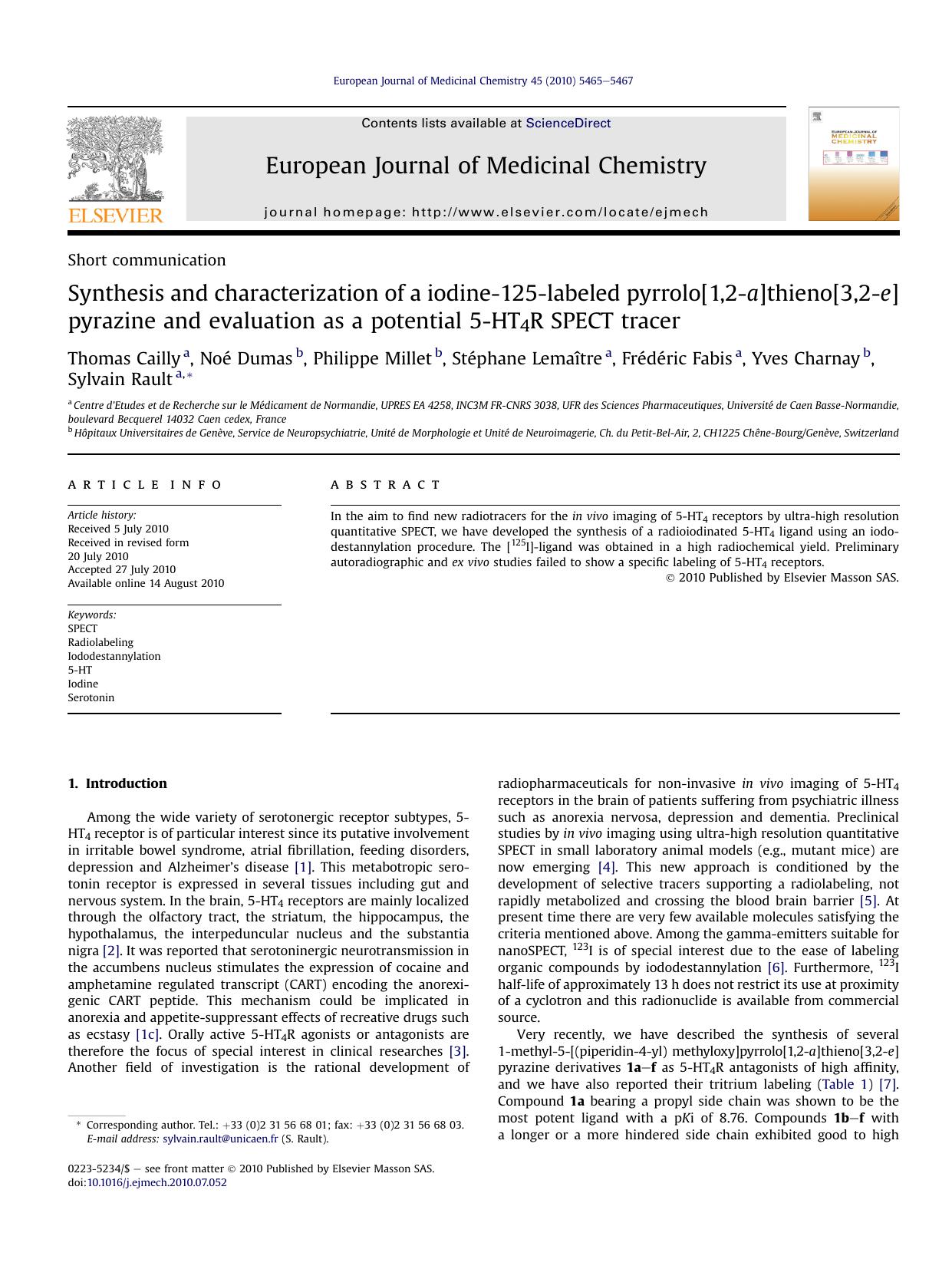 Synthesis and characterization of a iodine-125-labeled pyrrolo[1,2-a]thieno[3,2-e]pyrazine and evaluation as a potential 5-HT4R SPECT tracer by unknow