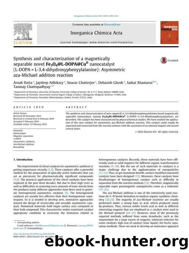 Synthesis and characterization of a magnetically separable novel Fe3O4@L-DOPA@CuII nanocatalyst (L-DOPA=L-3,4-dihydroxyphenyylalanine): Asymmetric aza-Michael addition reaction by unknow