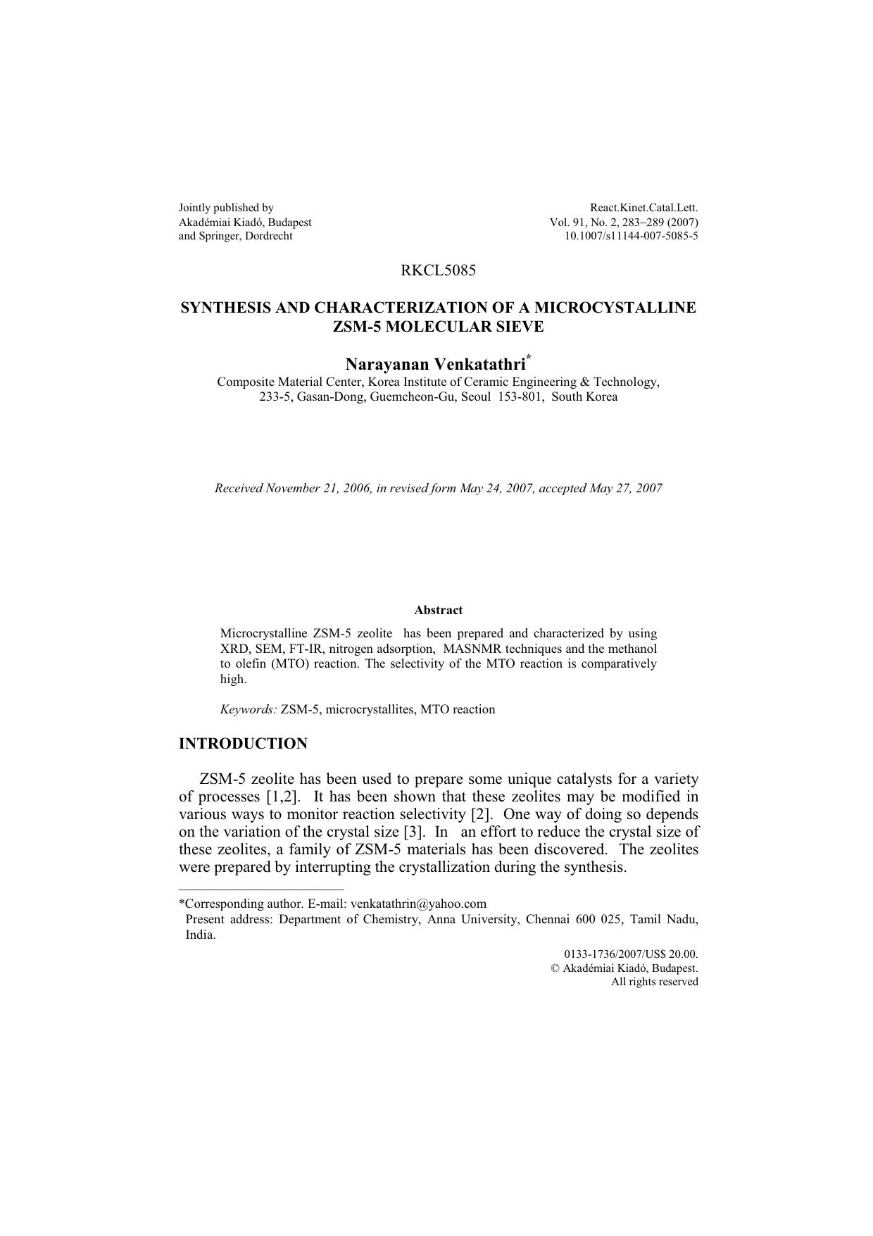 Synthesis and characterization of a microcystalline ZSM-5 molecular sieve by Unknown