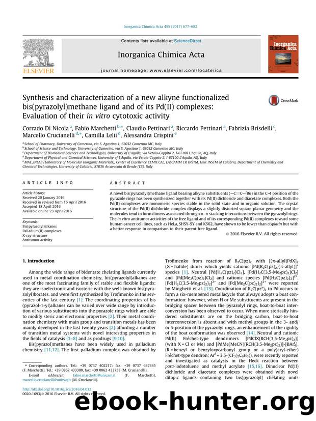Synthesis and characterization of a new alkyne functionalized bis(pyrazolyl)methane ligand and of its Pd(II) complexes: Evaluation of their in vitro cytotoxic activity by unknow