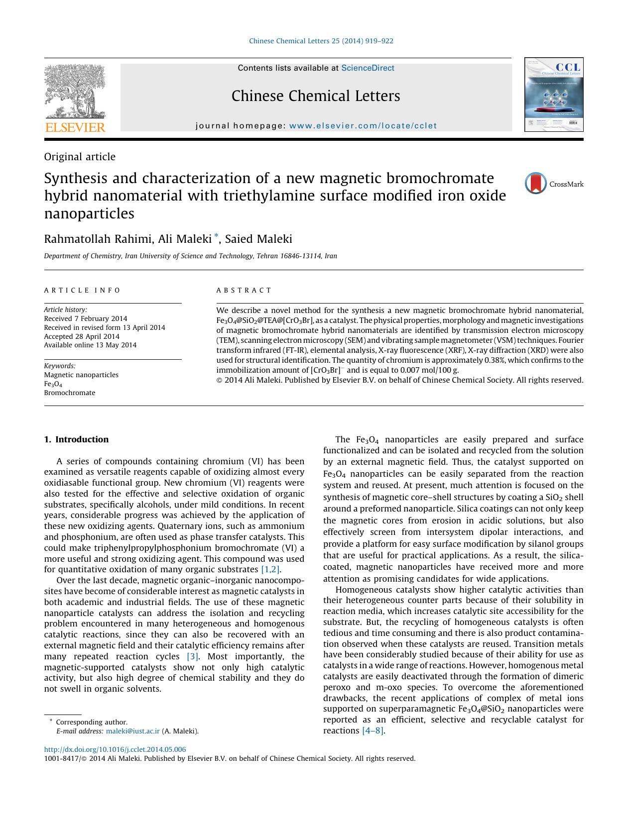 Synthesis and characterization of a new magnetic bromochromate hybrid nanomaterial with triethylamine surface modified iron oxide nanoparticles by Rahmatollah Rahimi & Ali Maleki & Saied Maleki