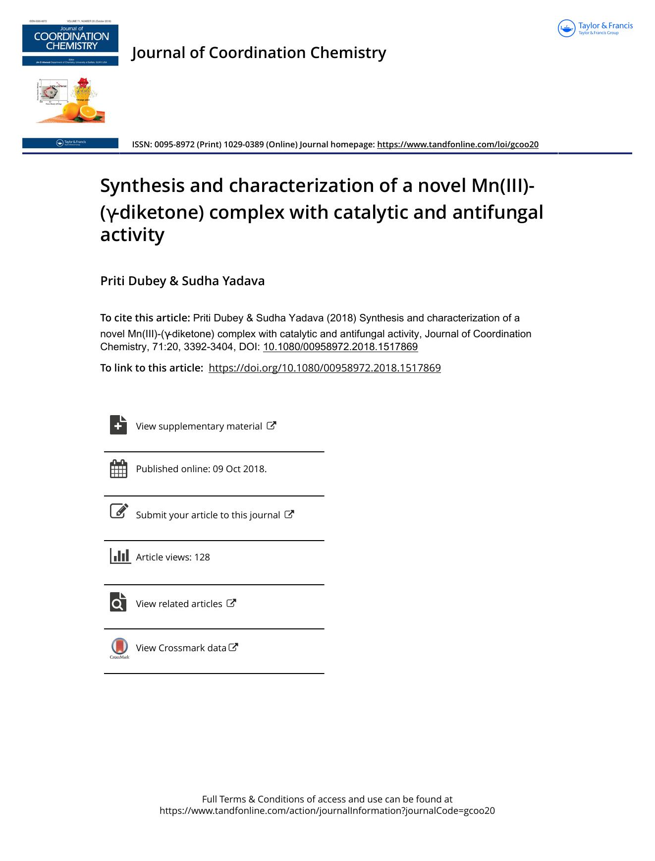 Synthesis and characterization of a novel Mn(III)-(Î³-diketone) complex with catalytic and antifungal activity by Dubey Priti & Yadava Sudha