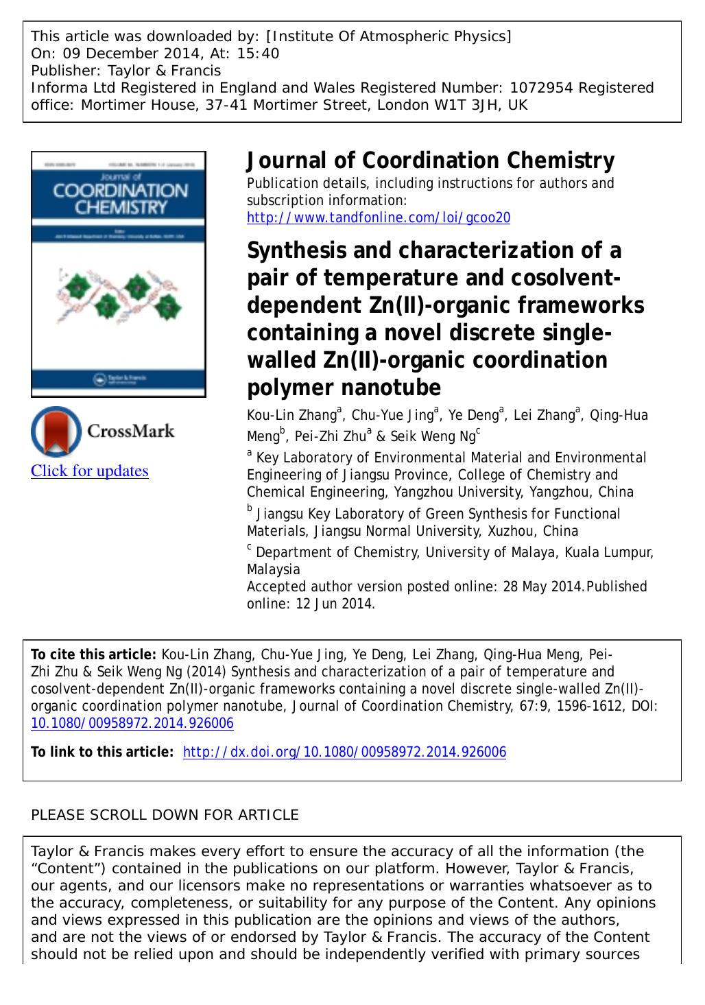 Synthesis and characterization of a pair of temperature and cosolvent-dependent Zn(II)-organic frameworks containing a novel discrete single-walled Zn(II)-organic coordination polymer nanotube by Kou-Lin Zhang