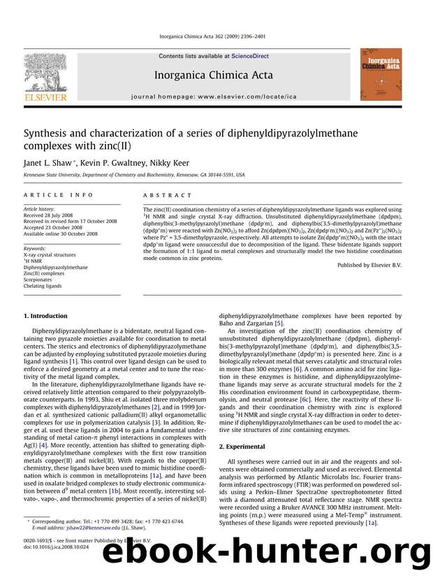 Synthesis and characterization of a series of diphenyldipyrazolylmethane complexes with zinc(II) by Janet L. Shaw; Kevin P. Gwaltney; Nikky Keer